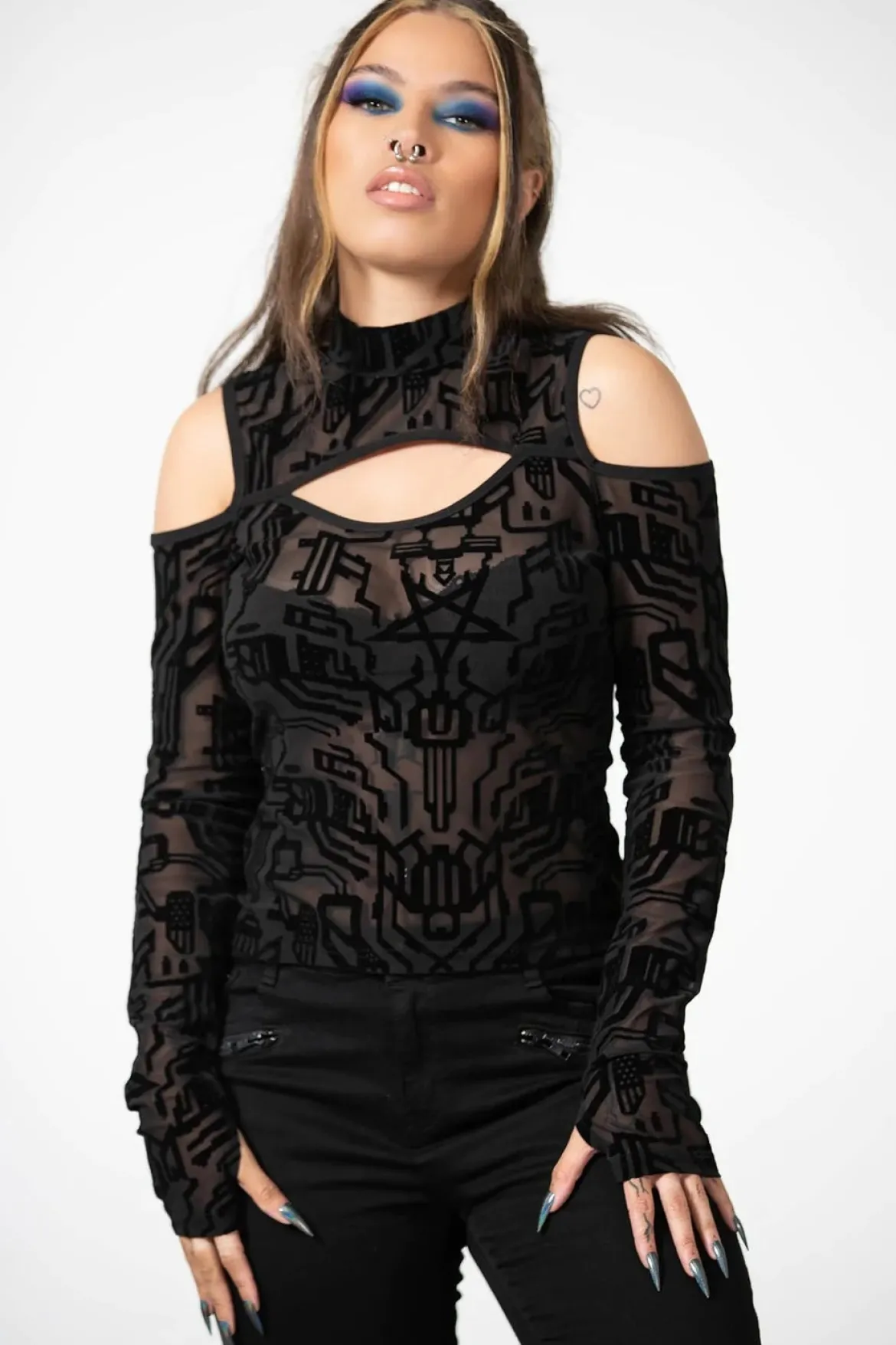Killstar Tuned Out Mesh Cold Shoulder Pusero